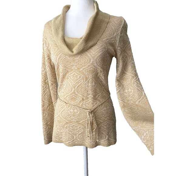 Vintage Y2K Gold Metallic Knit Top S Jacquard Cowl Neck Tie Belt 70s 90s Elegant - Picture 4 of 15